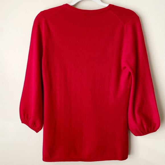 Prive Cashmere | 100% Cashmere V-neck Sweater 3/4 Sleeves Holiday Red Small - Picture 4 of 5